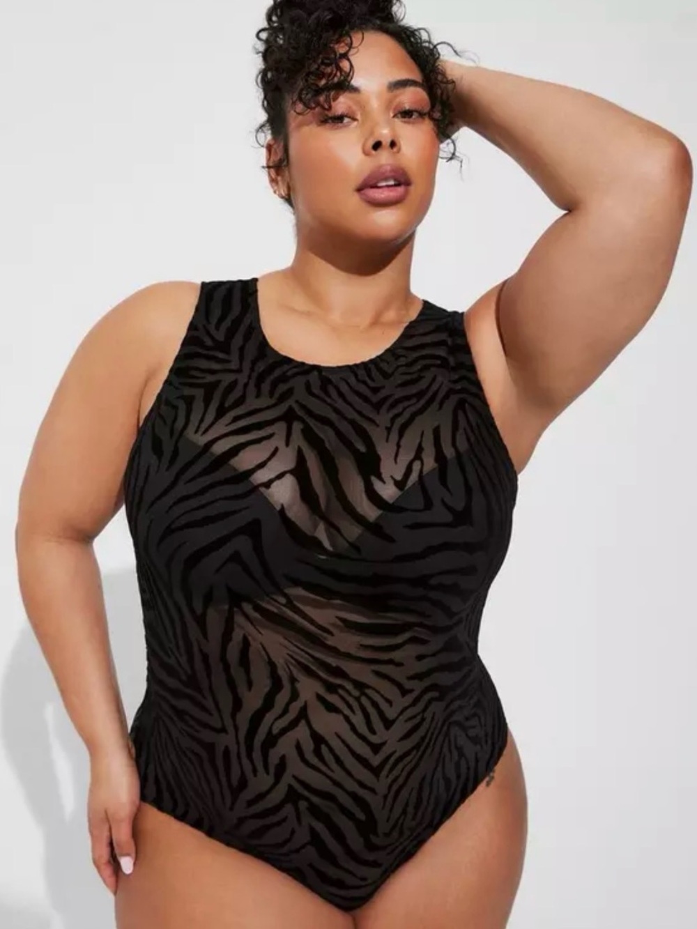 Plus-Size Black Sheer Zebra-Print Tank Bodysuit